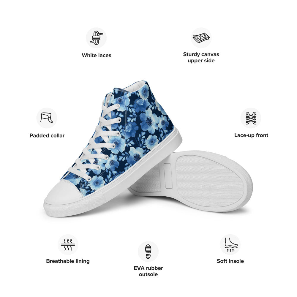 True Blue Floral Women’s High Top Sneakers - White Color - https://ascensionemporium.net
